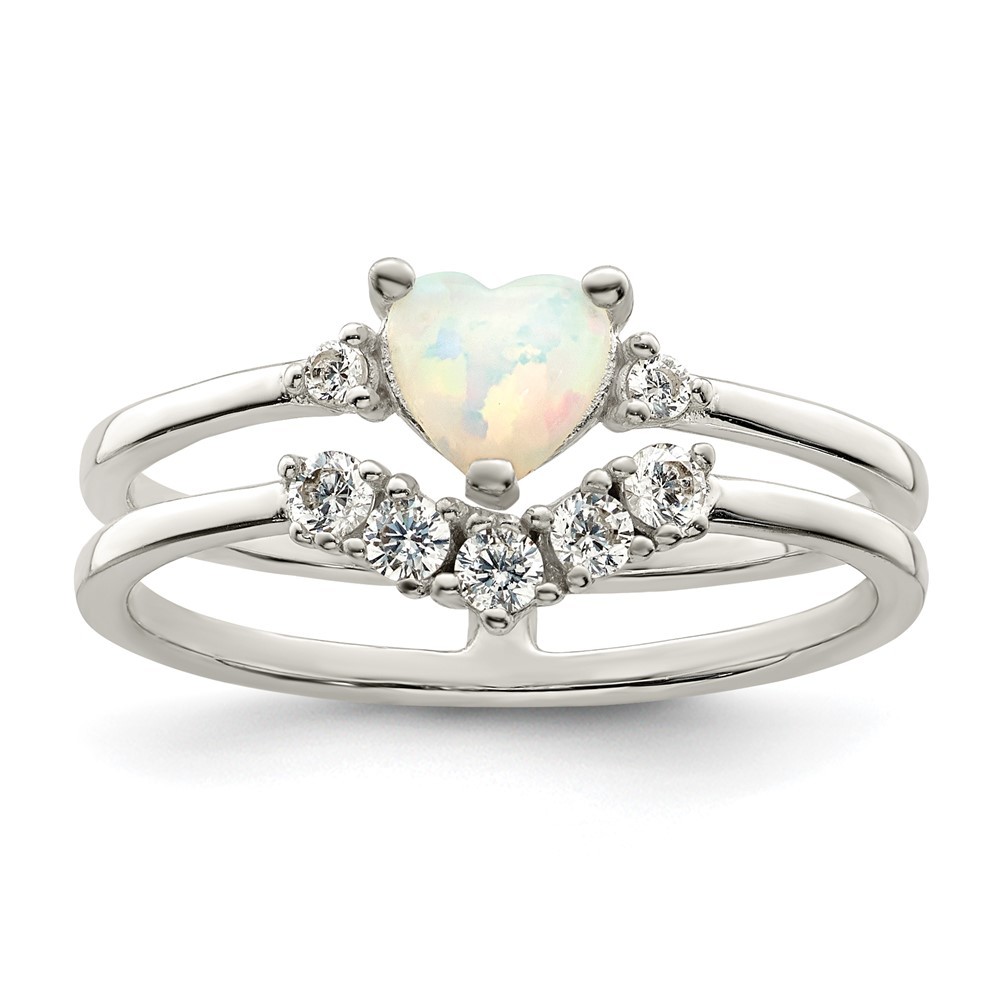 925 Sterling Silver CZ & Heart Created White Opal Double Band Ring